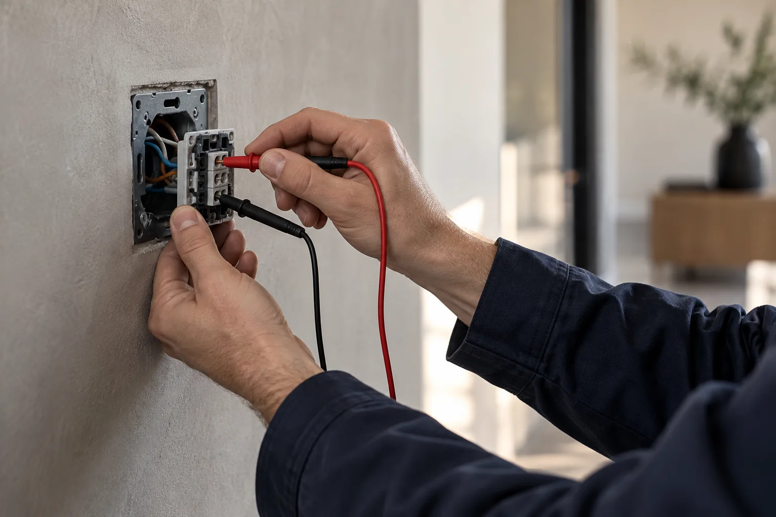 Elektriker prüft fachgerecht einen neu installierten Schalter