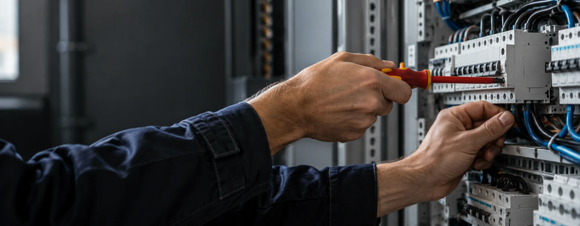 Elektrikerhände bei präziser Arbeit an einem modernen Schaltschrank